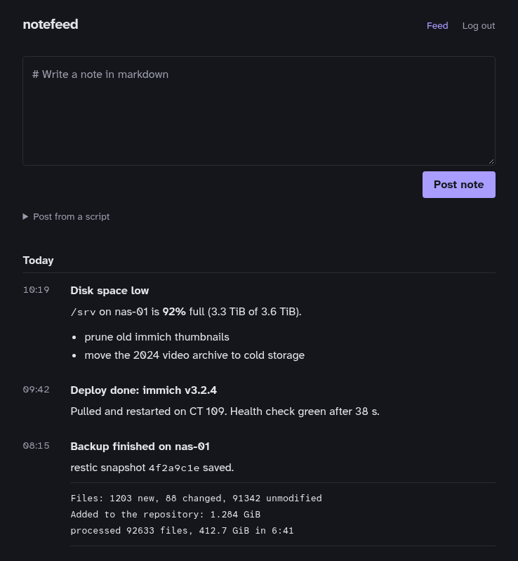 The notefeed web UI: a compose box above notes grouped by day